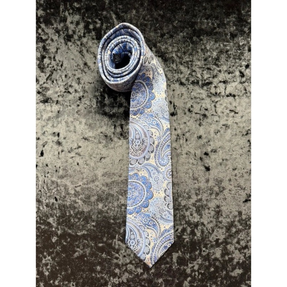 Pronto Uomo Paisley Tie Blue Gray Beige 93% Polyester 7% Linen Men's 3.5"